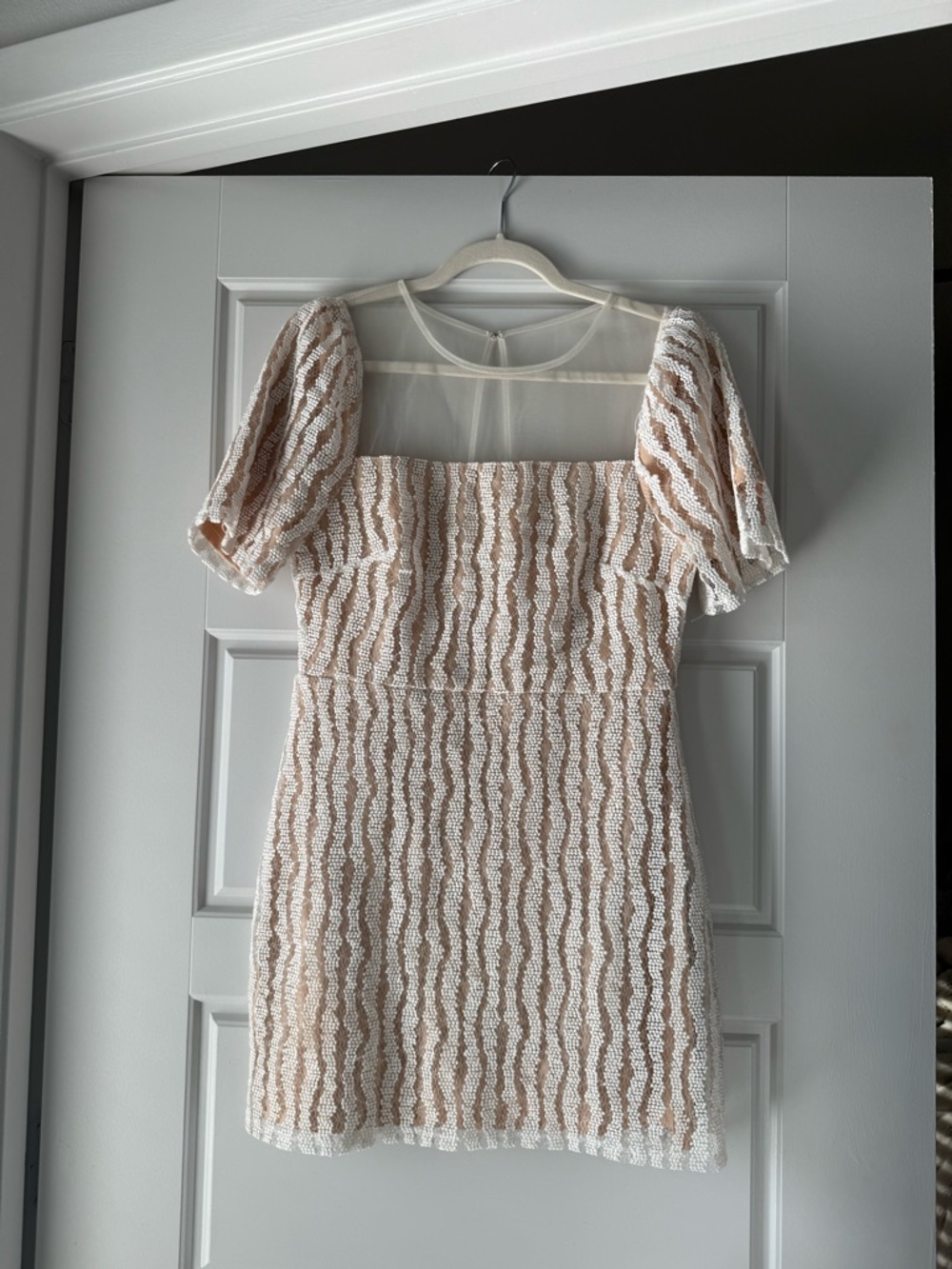 Lulu's Beige and White Lace Square Neck Mini Dress